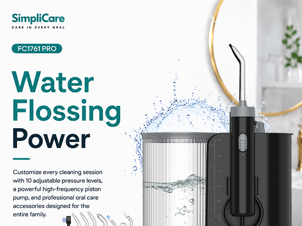 SimpliCare FC1761 countertop water flosser with 10 pressure levels, 600ml tank and 8 tips.