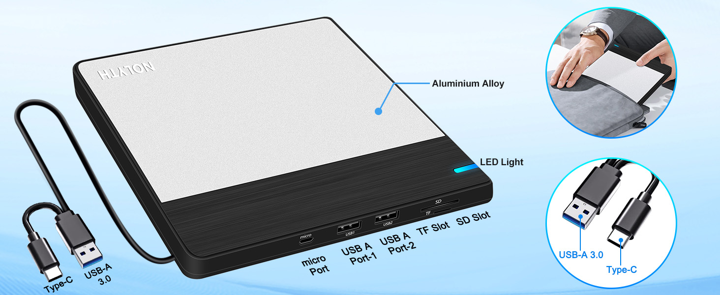 This DVD USB external drive is made of high-quality materials and multi-functional interfaces.