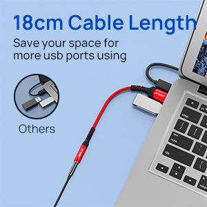 Text reads: '18cm Cable Length'. Product illustration showing laptop USB connection with emphasis on cable length specification.