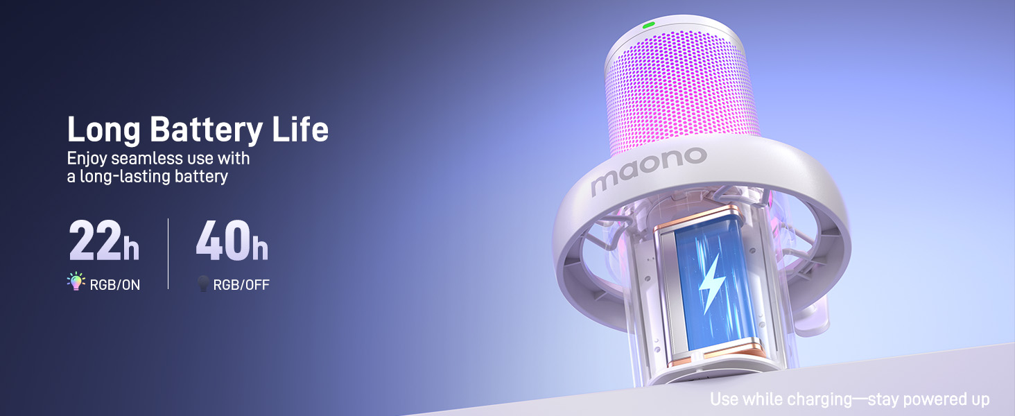 Wireless microphone with illuminated pink mesh head. Display shows 22h battery life when on, 40h when off. Base features a digital screen with charging icon.
