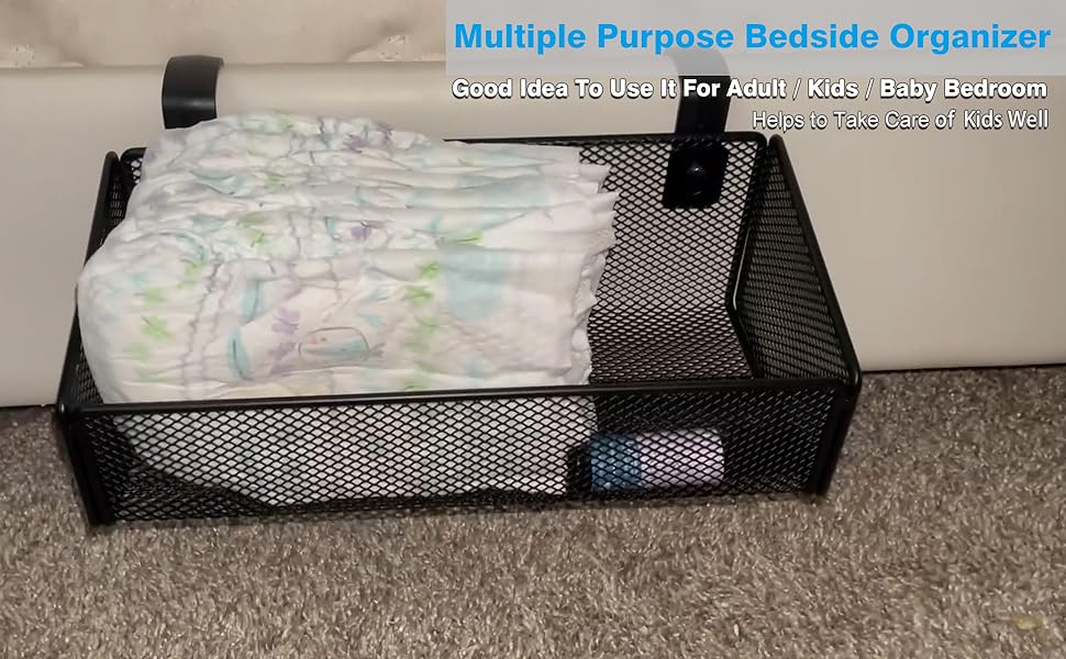 Metal Mesh Hanging Storage Organizer Beside Shelf for Kids Crib Bed