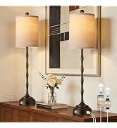 Qimh Buffet Lamps for Night Stands, 30.5" Tall Skinny Beside Lamps Set of 2 with Linen Shade and ...