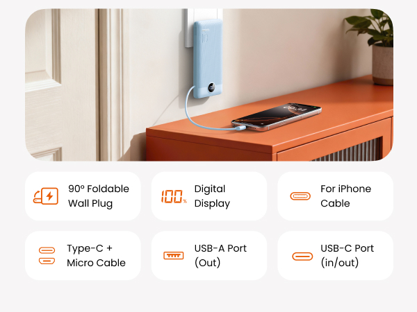 Portable Charger with Built-in Cables and Wall Plug-Blue