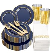 KIRE 210Pcs Navy Blue Plastic Plates - Blue Plates Disposable - 30guest Baroque Plastic Dinnerwar...