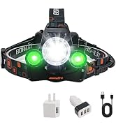 BORUIT Headlamp Rechargeabe with Green White Light, 90° Adjustable | Super Bright 3 Modes LED Hea...
