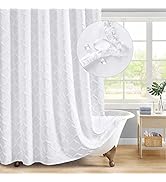 MitoVilla White Boho Fabric Shower Curtain with Tufted, Modern Farmhouse Cloth Shower Curtains fo...