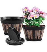 Plant Pots Set of 4 Pack 8 inch.Whiskey Barrel Planters with Drainage Holes & Saucer.Plastic Deco...