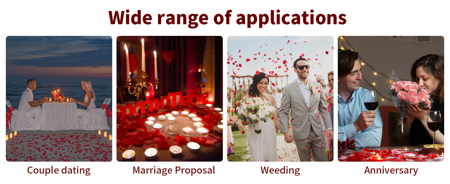 Four-panel image showing romantic occasions: beach setup, candlelit setting, wedding scene, and celebration, labeled as different applications.
