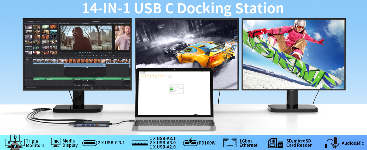 WWLSV USB C Docking Station with dual 4K HDMI, DP, 10Gbps USB, PD,Ethernet, SD/TF, Audio/Mic