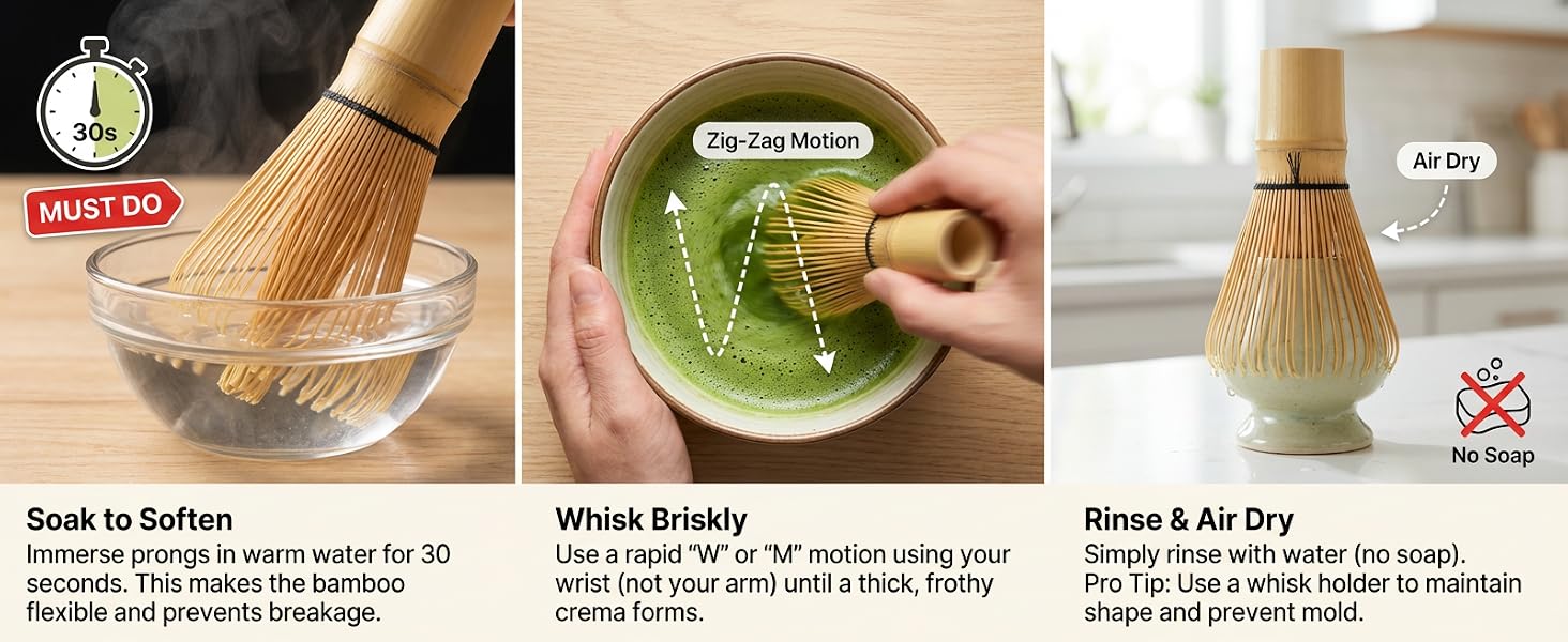 Soak 30s to soften, whisk in "W" for foam, rinse with water. Air dry to prevent mold.