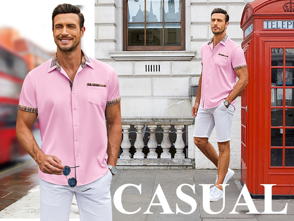 COOFANDY Men's Short Sleeve Shirt Plaid Collar Dress Shirts