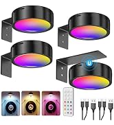 LED light fixture installation sequence showing black circular mounts with multicolored RGB lighting displays, includes remote control and mounting hardware.