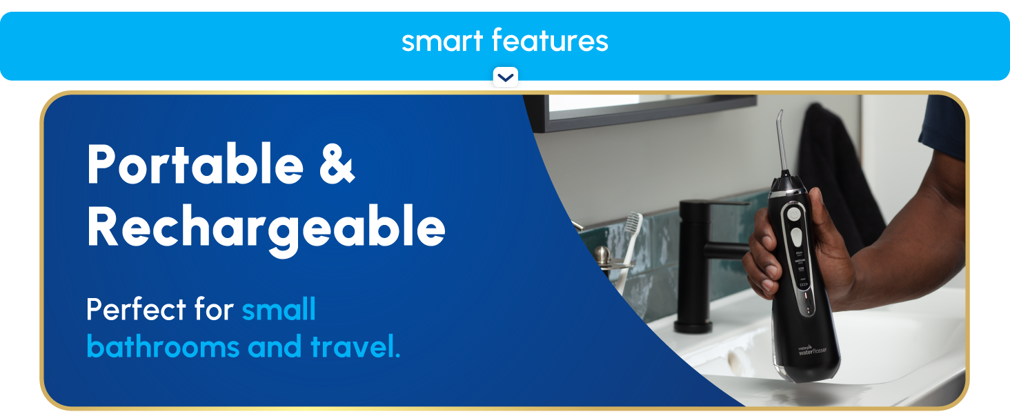 Image of Waterpik Cordless Advanced water flosser with text reading portable & rechargeable.