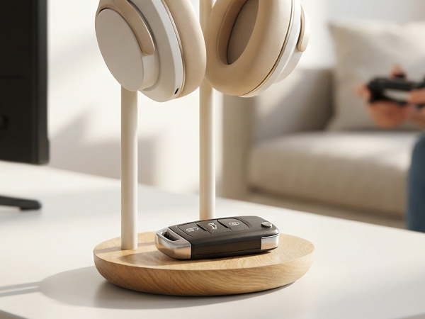 Wooden headphone stand with circular base displaying white headphones and small black device on the platform.