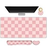 Soft Pink Checkerboard Mouse Pad Set, 4 in1 Ergonomics Keyboard Desk Mat with Memory Foam Wrist R...