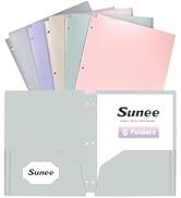 SUNEE 3 Hole Pocket Folders (6 Pack, Pastel Color), Plastic Pocket Folders for 3 Ring Binder, 3-H...