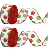 Christmas Wired Ribbon 22 Yards 1.5 Inch Christmas Red Green Dots Ribbon 2 Rolls Christmas Glitte...