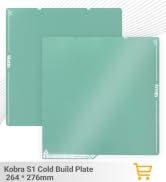 Text reads "Kobra S1 Cold Build Plate" and "264 * 27 cm". Two turquoise-colored rectangular build plates for 3D printer, shown layered with shopping cart icon.