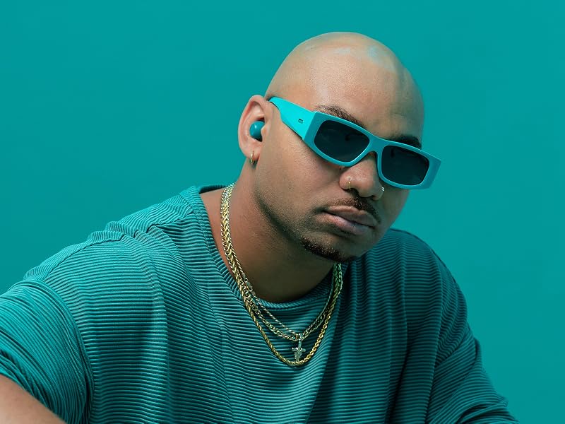 Male model wearing teal go pop anc