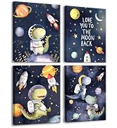 Frimeeme Outer Space Dinosaur Astronaut Canvas Wall Art, Watercolor Planet Illustrations, Set of ...