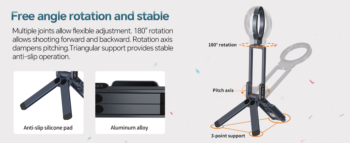Text reads 'Free angle rotation and stable'. Technical diagram showing three different positions of adjustable stand mechanism with connection points.