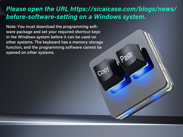 Text reads 'Please open the URL https://cicaicase.com/blogs/news/'. Another view of backlit keyboard keys with blue illumination in dark setting.