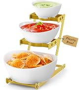 Lifewit 3 Tier Plastic Serving Bowls with Gold Metal Stand, Chips and Dip Serving Tray Set for En...