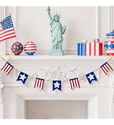 Patriotic Felt Beaded Bunting Garland with Wooden Beads, Red White Blue American Flag Stars and S...