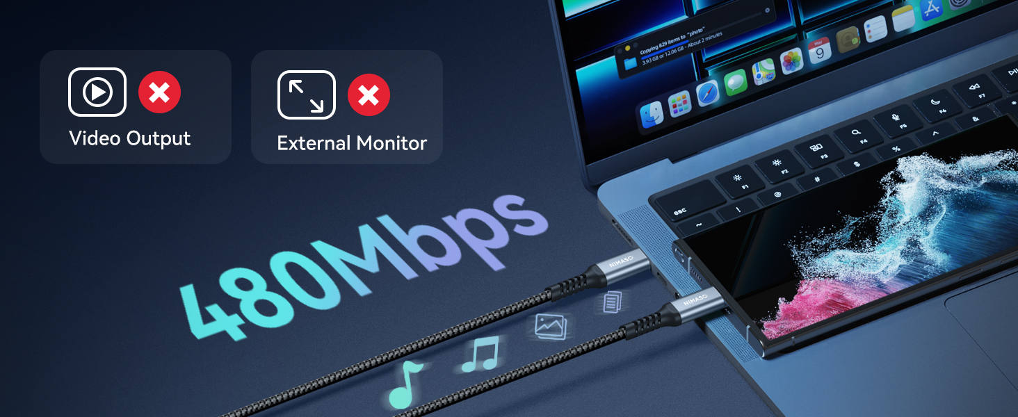 Laptop with wave image on screen, connected to device displaying '480Mbps'. Icons for 'Video Output' and 'External Monitor' visible.