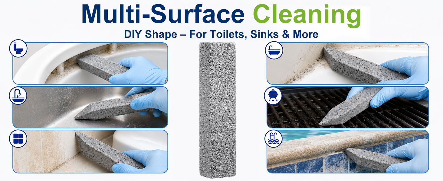 Multi-surface pumice stone cleaning stick for toilets, sinks, grills and pool tile.