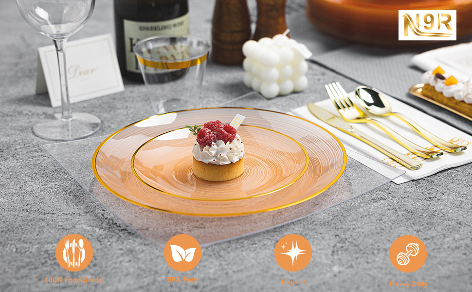 orange plastic plates with gold trim