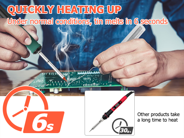 Soldering iron heating up in 6 seconds, demonstrated on circuit board. Comparison shows other products take longer. Includes image of fast-heating iron tip.