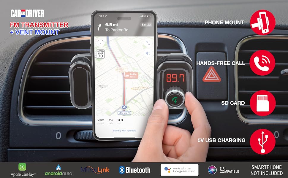 Car and Driver Universal Phone Mount FM Transmitter Vent Mount