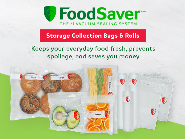 FoodSaver storage bags and rolls with assorted food items