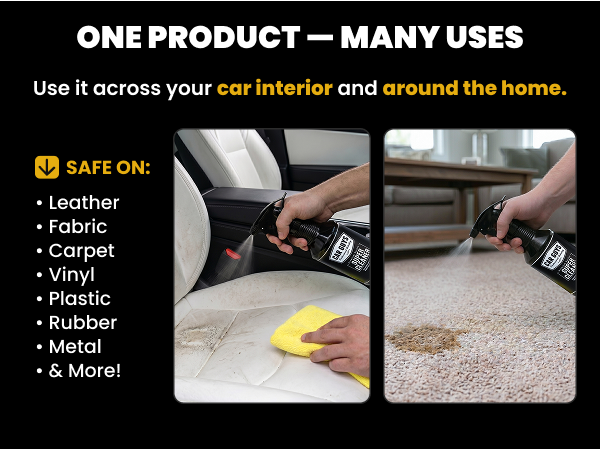 Spray cleaner used on car upholstery and home carpet works on vinyl rubber and plastic