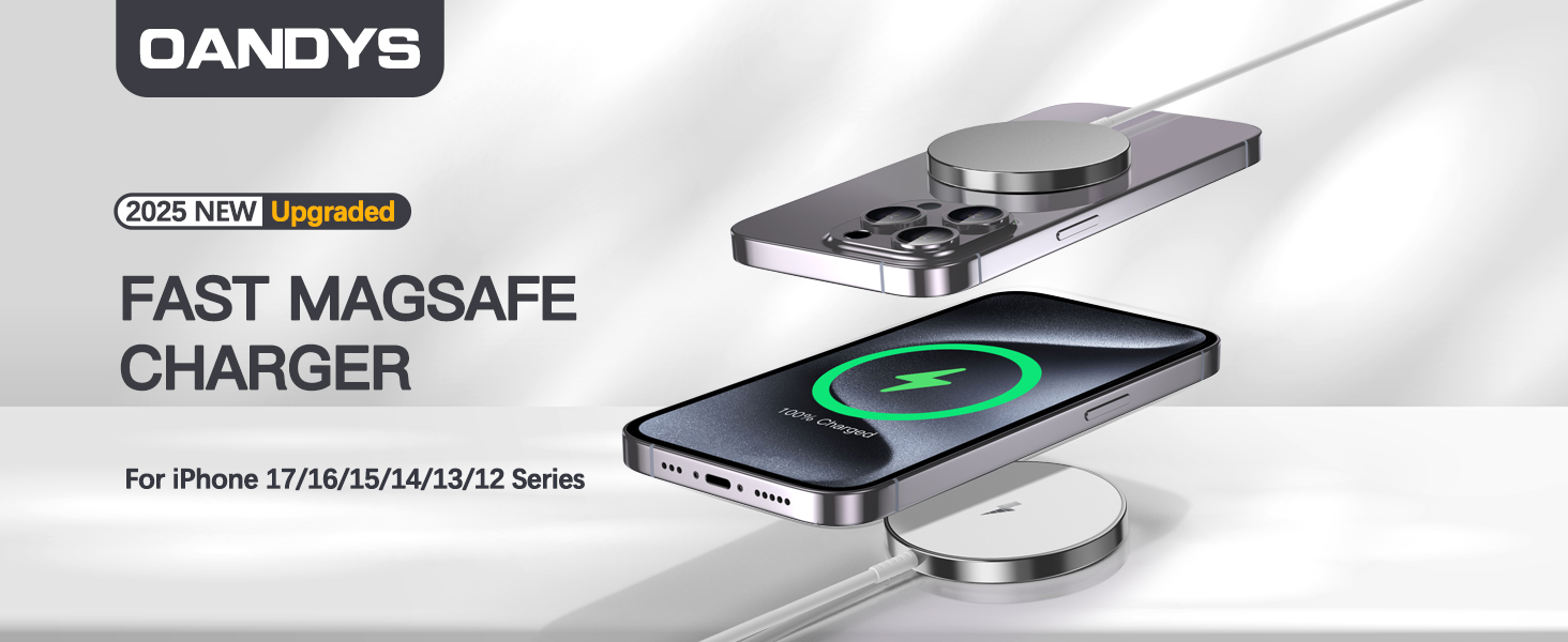 Text reads 'DANDYS FAST MAGSAFE CHARGER For iPhone 13/14/15/15 Pro/15 Series'. Product illustration showing wireless charging device with phone hovering above.