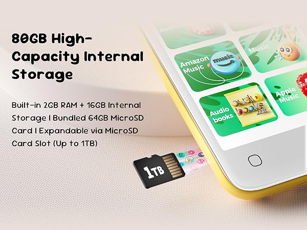 80GB storage: 2GB RAM + 16GB internal + 64GB card; microSD slot expandable up to 1TB.