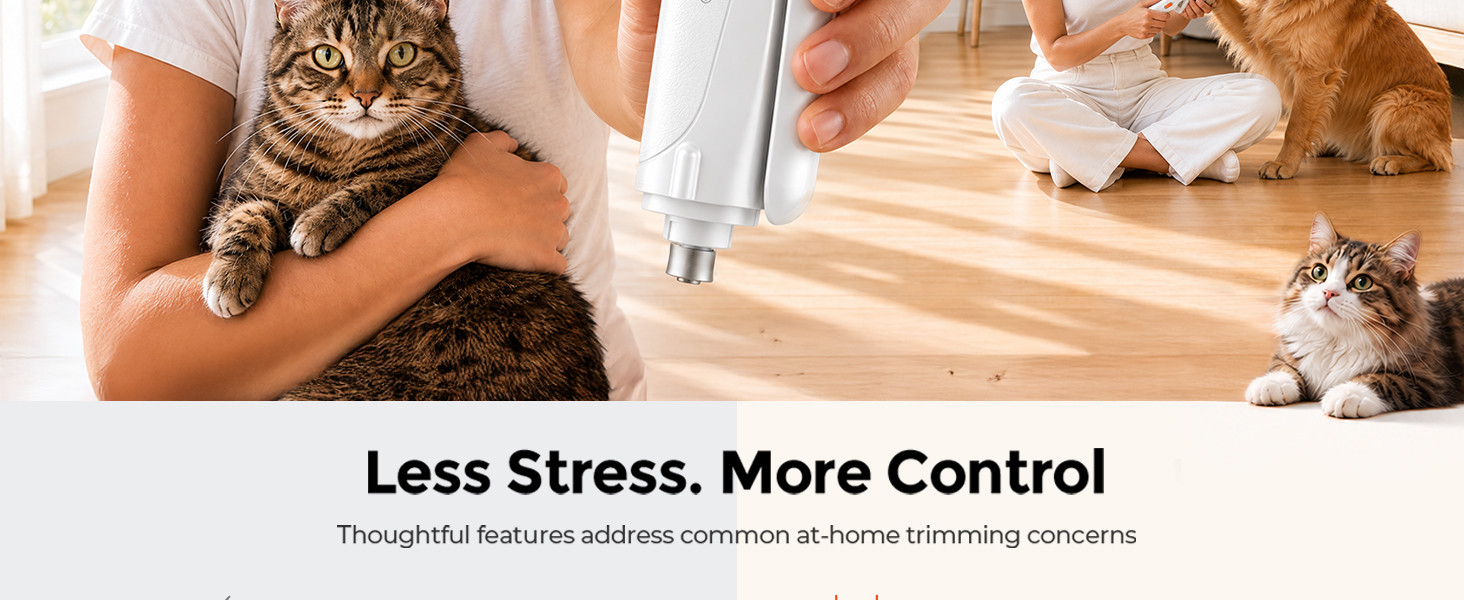 Pet nail trimming problems solved with LED lights, quiet grinding, and clipping collection