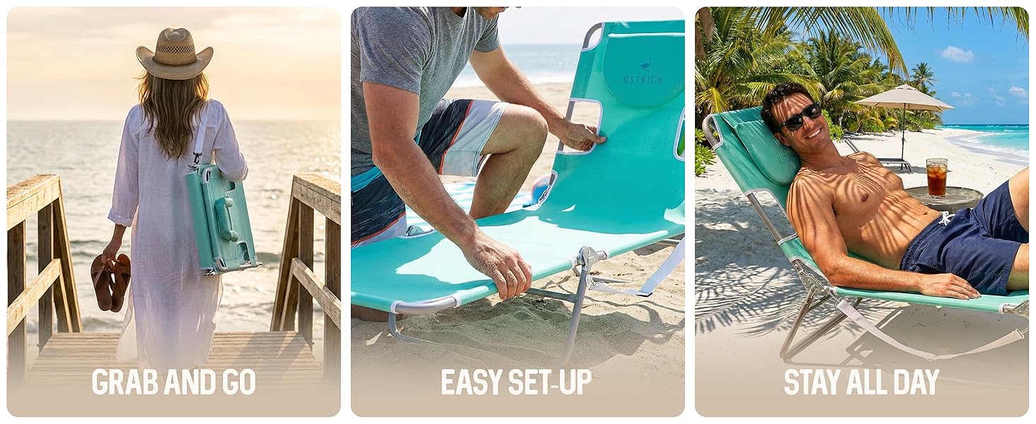 Images of a blue beach chairs features. Text reads: Grab and Go, Easy Set Up, Stay All Day.