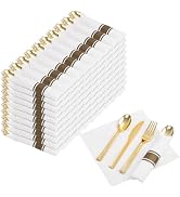 Nervure 400PCS Pre Rolled Gold Plastic Silverware Sets - Heavy Duty Hammered Gold Cutlery Include...