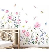 Supzone Watercolor Wildflower Wall Decals Colorful Garden Flower Grass Butterflies Wall Stickers ...