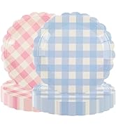 PUEVENYI 50Pcs Baby Gender Reveal Paper Plates - 7Inch Striped Scalloped Dessert Plates Disposabl...