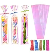 Cherodada Cellophane Treat Bags, 2x10 Inch Iridescent Holographic Pretzel Bags With Twist Ties, C...