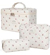 Makeup Bag, Quilted Makeup Bag,Large Floral Cosmetic Bag for Women,Cotton Makeup Bag Set,Flower T...