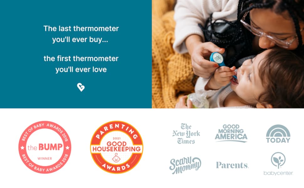 Image of mother and child taking a temperature with the words "the last thermometer you'll ever buy"
