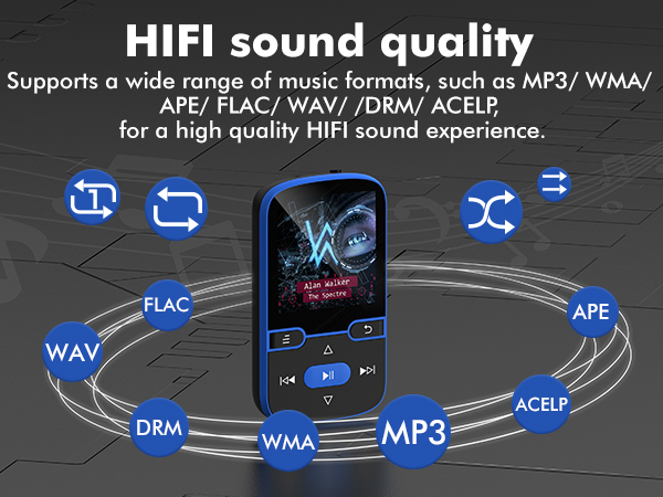 Text reads 'HIFI sound quality' and 'Supports a wide range of WAV/FLAC/WMA/MP3/WAV/WMA for a high-quality HIFI sound experience.' Circular diagram showing supported audio formats with blue icons and connecting lines.