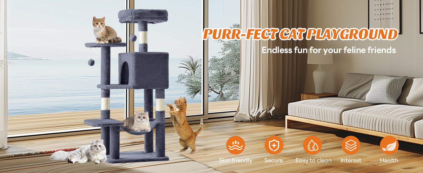 Sweetcrispy 44 inch Cat Tree with Condo, Scratching Posts, Platform, Hammock