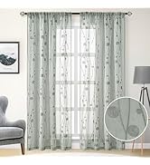 HOMEIDEAS Sage Green Sheer Curtains 52 X 84 Inches Length 2 Panels Embroidered Wave Line with Spi...