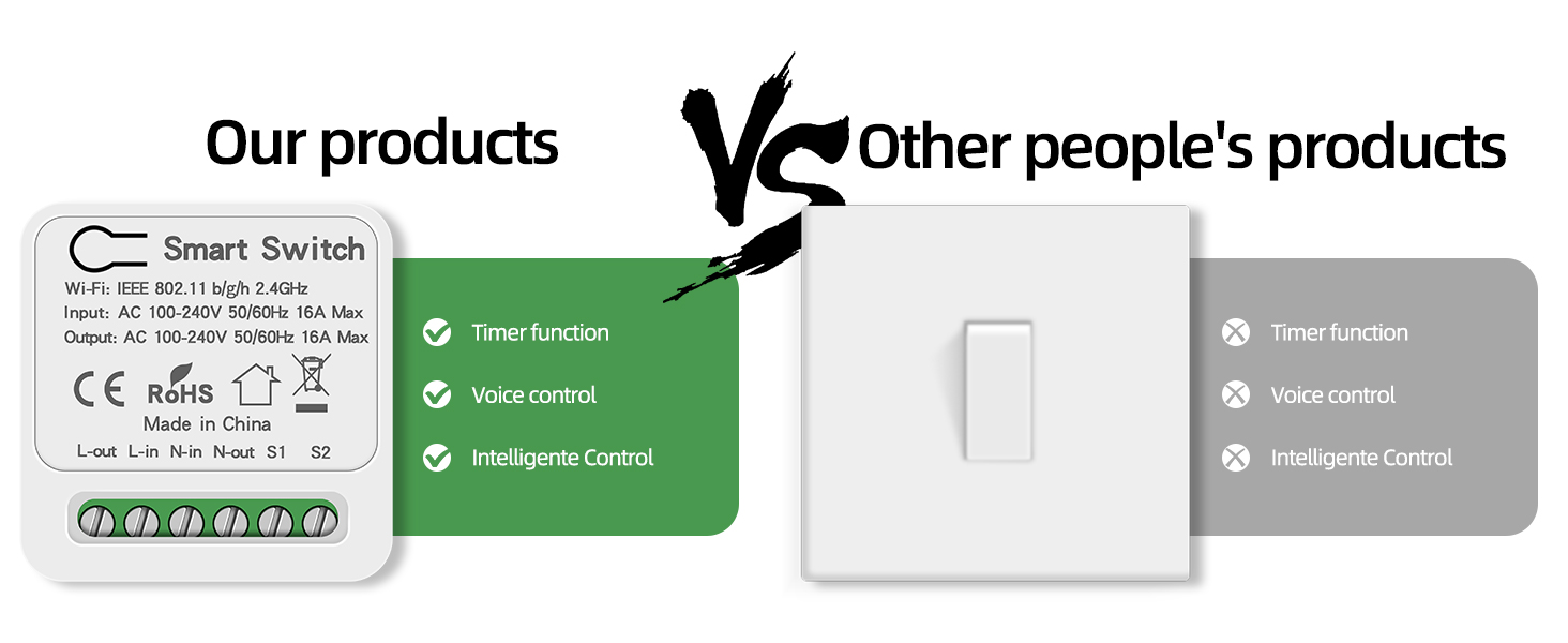 a white light switch with a green label that reads products vs other people.