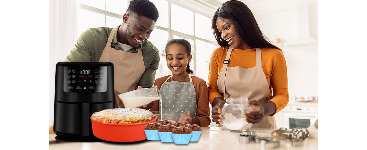 Family baking using silicone cake pans and silicone reusable cupcake liners molds